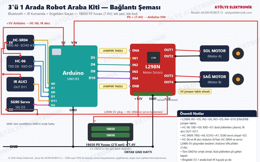 3'ü 1 Arada Robot Kiti (18650) bağlantı şeması