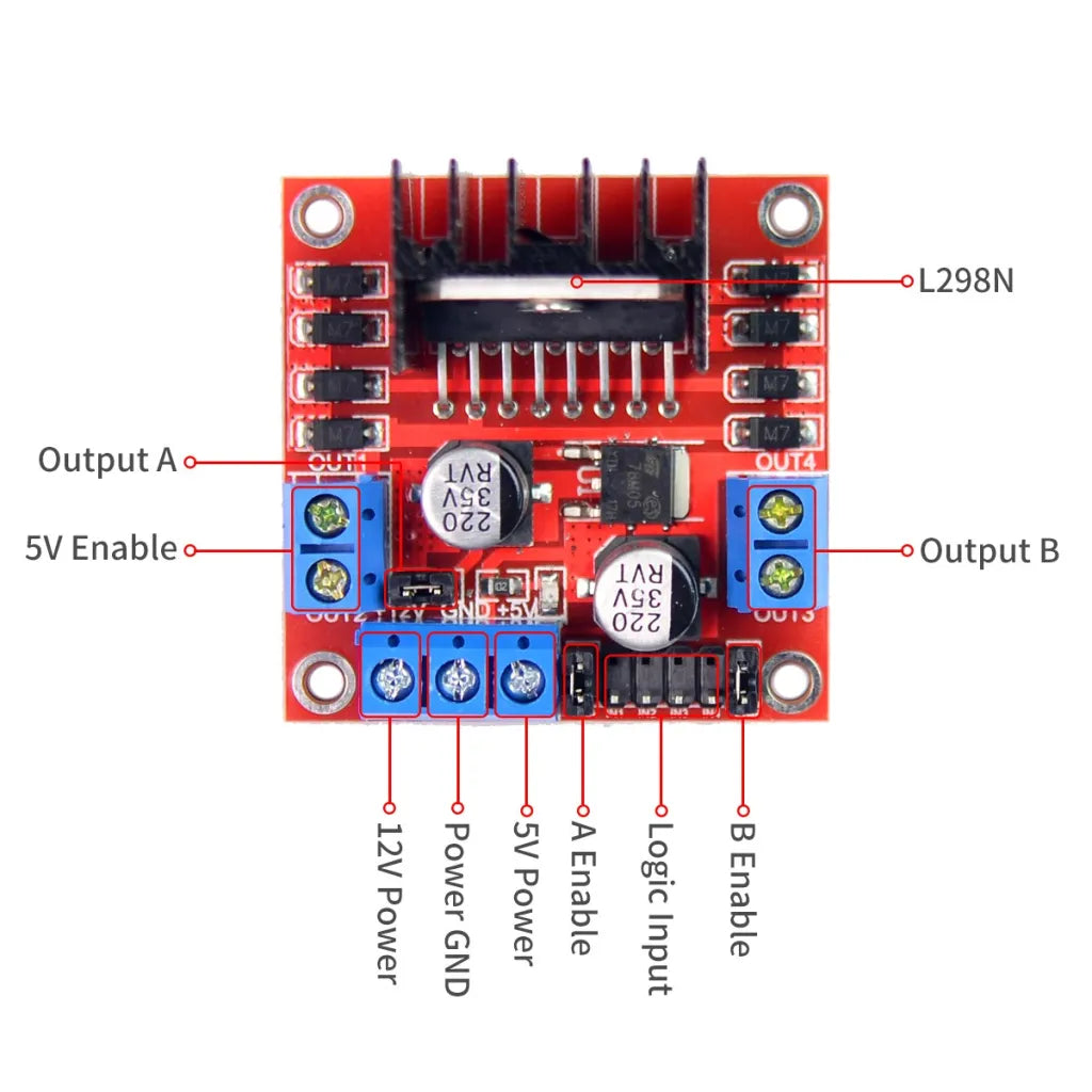 L298N Motor Sürücü ve 2 adet 3-6V DC Redüktörlü Motor + Tekerlek Seti