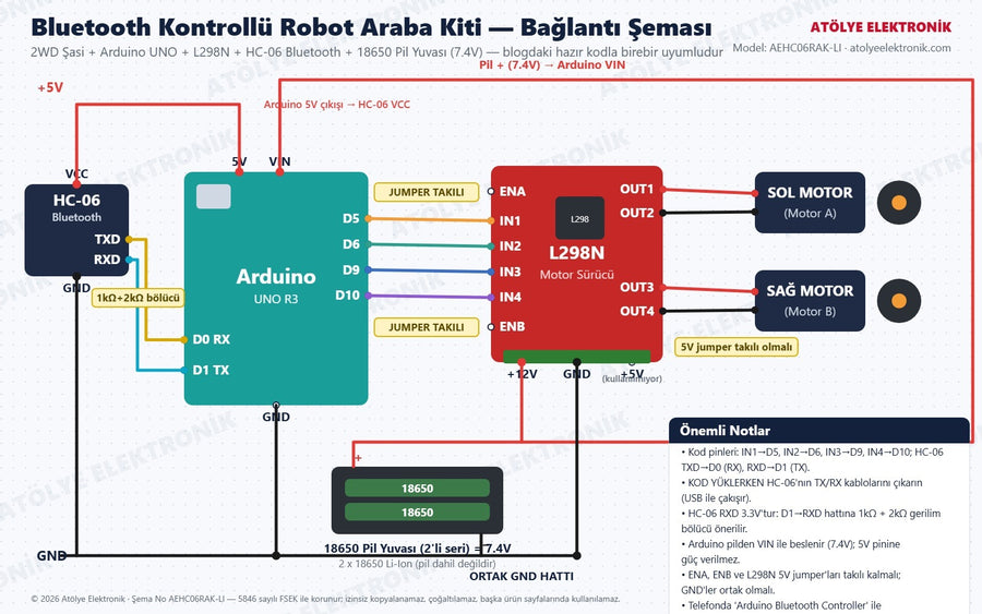 Bluetooth Robot Kiti (18650) bağlantı şeması