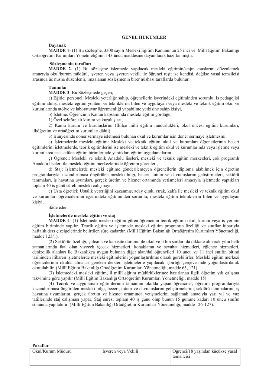 İş Dosyası içeriği - staj sözleşmesi genel hükümler