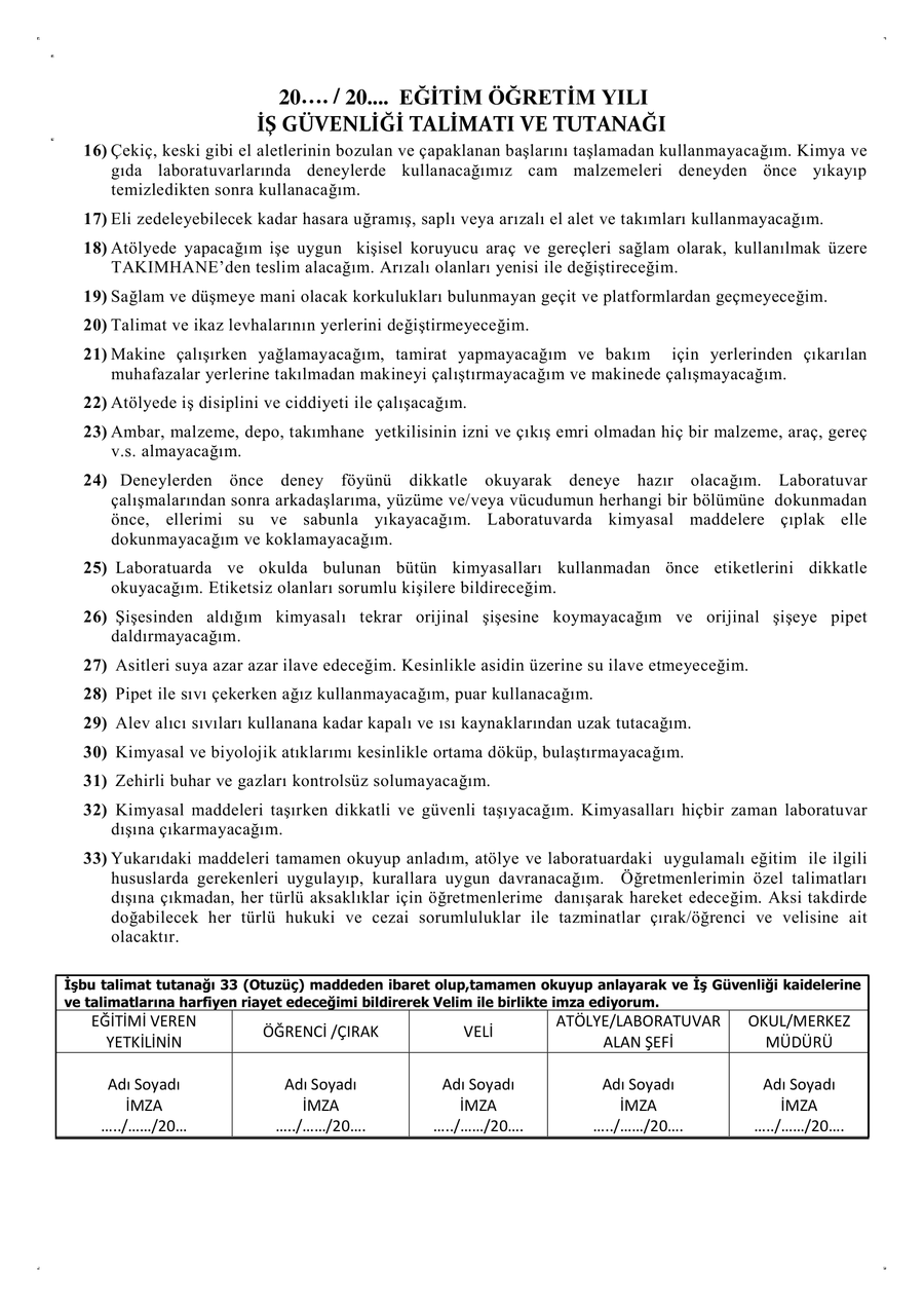 İş Dosyası içeriği - iş güvenliği talimatı maddeleri