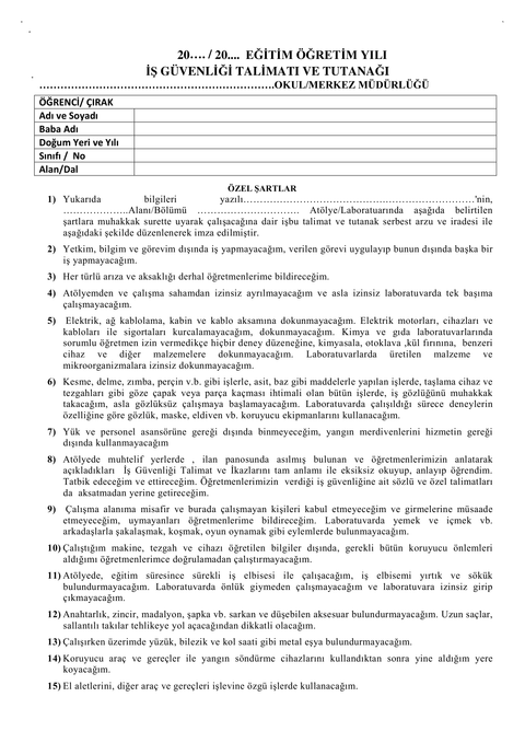 İş Dosyası içeriği - iş güvenliği talimatı özel şartlar