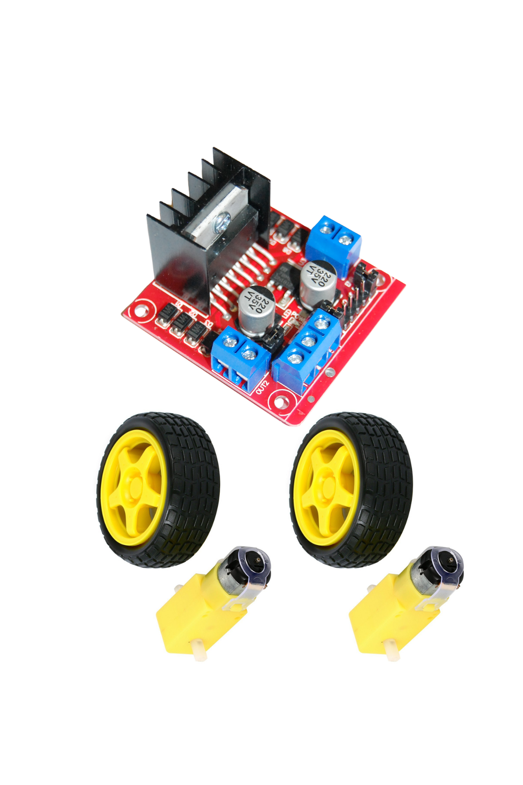 L298N Motor Sürücü ve 2 adet 3-6V DC Redüktörlü Motor + Tekerlek Seti