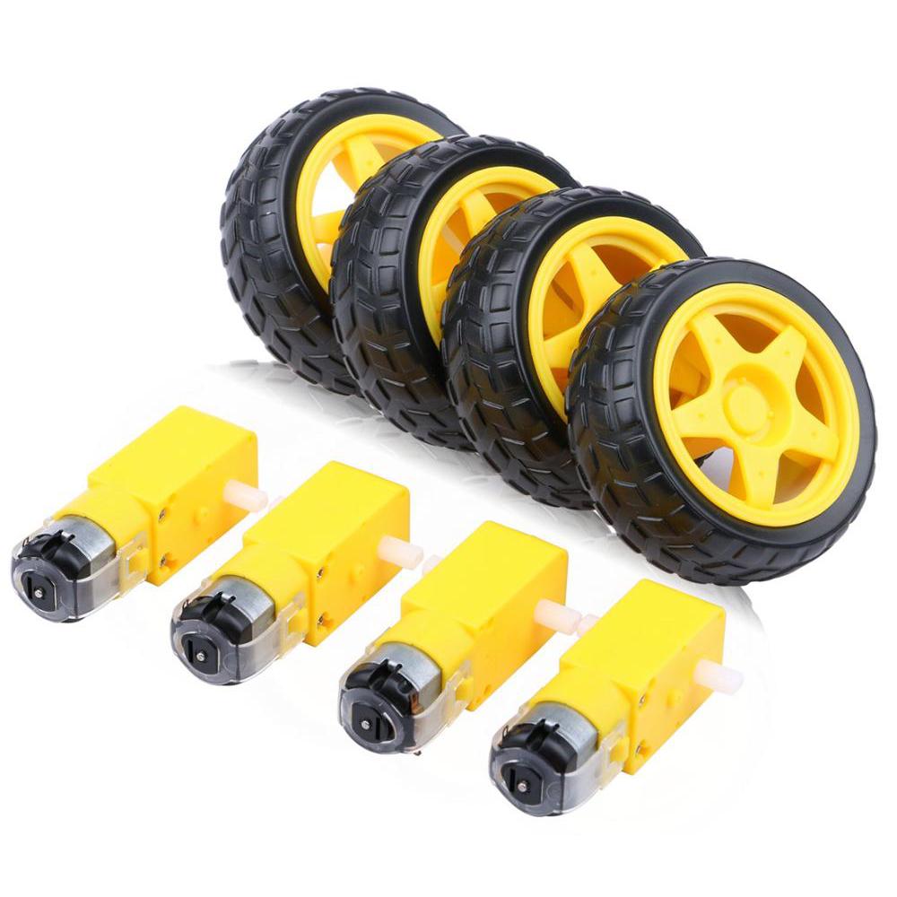 3-6V Redüktürlü Arduino Uyumlu DC Sarı Motor ve Tekerlek Seti - 4 Adet Motor+Teker